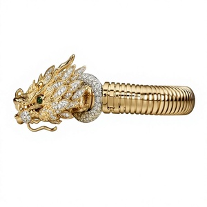 กำไลข้อมือรูปหัวเสือชุบทอง 18k ประดับเพชรซิร์คอน ปรับขนาดได้ ผลิตจากทองเหลือง เหมาะสำหรับงานปาร์ตี้ - Product Image 2