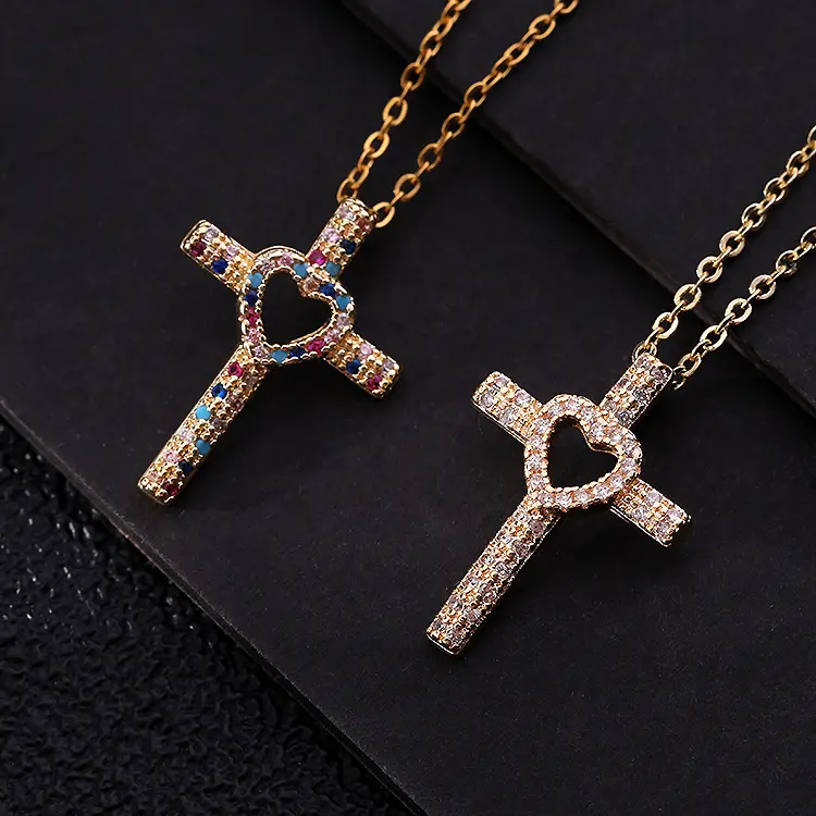 SISSLIA Hot Selling Colorful Zircon Heart Cross Necklace Delicate Fashion Rhinestone Religious Heart Cross Choker Necklace