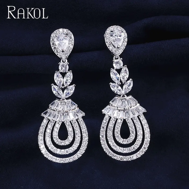 RAKOL EP242 luxury white gold Teardrop wedding bridal Cubic Zirconia Crystal Drop Earrings