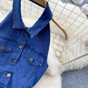Cou suspendu simple boutonnage Sexy dos <span class=keywords><strong>ouvert</strong></span> robe femmes à lacets taille spectacle mince enveloppement hanche a-ligne robe en jean - Product Image 5