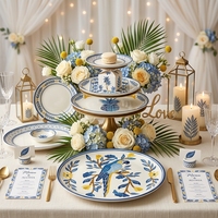 Service d'assiettes en céramique motif perroquet tropical et ananas, bleu et jaune, peintes à la main, en porcelaine, pour mariage, hôtel, restaurant