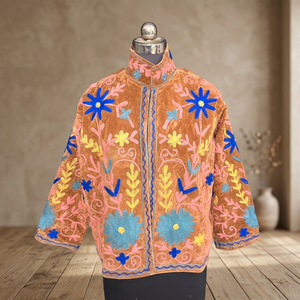 Exquisite Handmade Suzani Embroidered <b>Velvet</b> <b>Jacket</b> Stylish Floral Winter Coat Brown Boho High Neck Festival Wear <b>Women</b> - Product Image 5