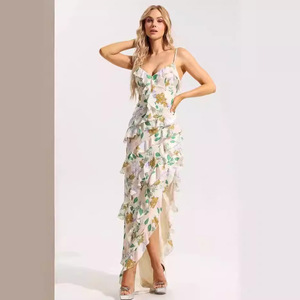 Vestido de Noche de Organza con Estampado Floral y Hombros Descubiertos, Cintura Imperio, Capa Transparente, Vestido Largo, Moda Femenina - Product Image 1