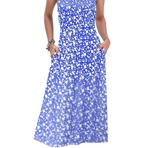 AUSELILY Vestido largo para mujer, sin mangas, estampado floral, estilo bohemio de verano, línea A, holgado, de gasa con bolsillos, vestido informal para vacaciones - Product Image 3