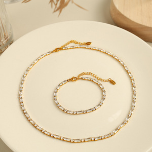 Fashion Jewelry <b>Set</b> Zircon Necklace Stainless Steel <b>Bracelet</b> Channel Setting Geometric Design Party Wear - Product Image 2