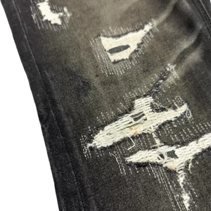<span class=keywords><strong>Jeans</strong></span> Neri Personalizzati da Uomo <span class=keywords><strong>Slim</strong></span> Fit Svasati Strappati con Patch Riparati Effetto Nido d'Ape e Dettagli Irregolari Stile Streetwear Y2K - Product Image 4