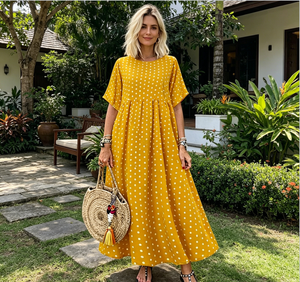 <span class=keywords><strong>Abito</strong></span> lungo da donna a <span class=keywords><strong>pois</strong></span> giallo con scollo a O, <span class=keywords><strong>maniche</strong></span> corte, vestibilità ampia, casual, per l'estate, la spiaggia e l'uso quotidiano, modello A-Line - Product Image 2
