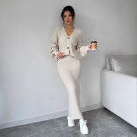 Ensemble 2 pièces pull et jupe en maille col V anti-boulochage à boutons, coupe ample, couleur unie, décontracté, pour femme, en Spandex/Coton – Collection Hiver
