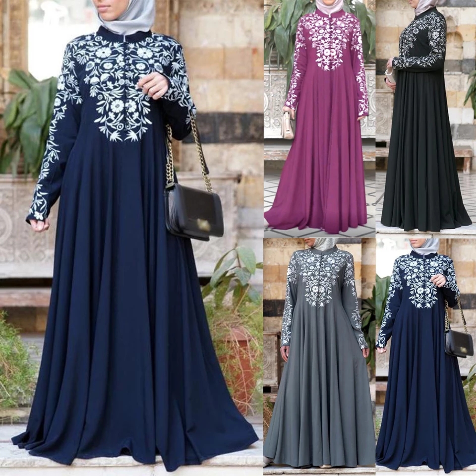 zhxinashu Abaya Women's Flower Muslim Dresses for Women, Moroccan Kaftan Floral Print Elegant Women Suit for Wedding Party Ramadan Celebration, blue