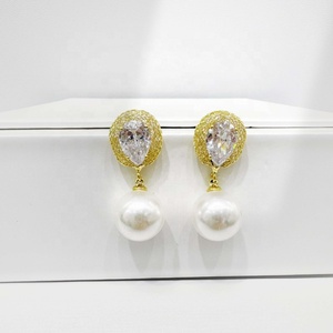 wholesale plata 925 sterling silver western 14k gold earring Wedding party ladies big unique zirconia pearl fashion earrings - Product Image 4