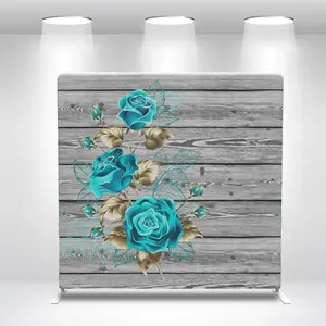 Custom 8ft Birthday Wedding Party Stage Decoration Straight Blue Rose Wood Double Sided Photo Booth Backdrop Pillow Case