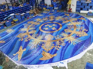 Azulejo de mosaico de colores con patrón azul, pájaros dorados vívidos, arte de pared de trigo, diseño de murale, azulejo de mosaico de decoración de suelo de gran tamaño personalizado