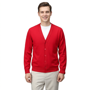 Cardigan rouge pour homme à col en V, 100 % coton, manches longues, fermeture boutonnée, anti-boulochage, séchage rapide, anti-rétrécissement, idéal pour l'automne et l'hiver - Product Image 2