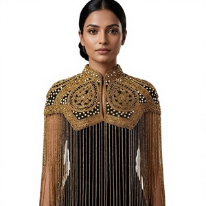 Women's Black Gold Beaded Polyester <b>Cape</b> with Fringe Embroidery Decorative Wrap <b>Wedding</b> Party Wear COTTON COUTURE - Product Image 1