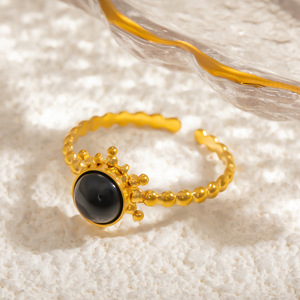 European American Style Stainless Steel Obsidian <b>Adjustable</b> <b>Ring</b> Crown Shape Bezel Setting Unisex Jewelry Gift - Product Image 3