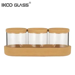 IKOO Modern Design High Borosilicate Glass Jar With Cork Stopper And Tray For Condiments Storage