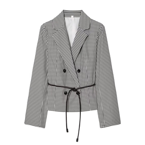 Blazer a Cuadros Clásico con Cinturón para <span class=keywords><strong>Mujer</strong></span>, Verano 2026, Estilo Europeo, <span class=keywords><strong>Chaqueta</strong></span> <span class=keywords><strong>de</strong></span> Oficina, Fabricante <span class=keywords><strong>de</strong></span> Ropa en China, OEM/ODM, Abrigo Formal - Product Image 1