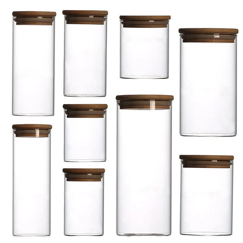Caixa de armazenamento de vidro transparente, recipiente para armazenar alimentos de cozinha 350ml com tampa de madeira, organizador transparente empilhável de todos os tamanhos