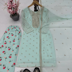 Offre Spéciale lourd brodé séquence travail haut fantaisie Sharara indien Long Salwar Kameez fête de mariage porter soie faite naturelle - Product Image 1