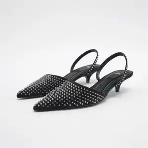Deleventh shoes Z800-62 Elegant Formal office dress shoes women custom slip on mules shoes stock Black rivet low heel sandals