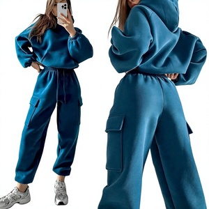Survêtement à capuche en polaire pour femmes, couleur unie, coupe ample, vêtements de sport décontractés, ensemble 2 pièces, pantalon à manches longues avec poches, toutes saisons - Product Image 1