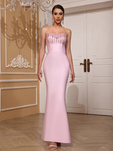 Vestido de Noche Elegante para Fiesta de Graduación, Modelo S1599N, sin Tirantes, con Pedrería Brillante, Color Rosa Plateado, Corte Entallado - Product Image 1