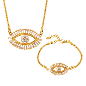 Ensemble de bijoux haut de gamme avec <span class=keywords><strong>bracelet</strong></span>, collier et boucles <span class=keywords><strong>d</strong></span>'oreilles en zircon cubique, design créatif, acier inoxydable plaqué or - Product Image 5