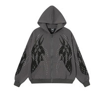 2025 automne hommes nouveau américain rétro solide à capuche veste coupe ample tricoté impression numérique flamme strass fermeture éclair hiver