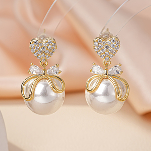 SENYU moda 15mm imitación bola redonda perla pendientes pavimentado Zirconia cúbica moda Rosa corazón Bowknot diseño boda joyería - Product Image 1