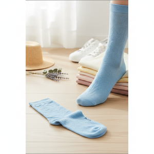 Breathable and <b>Warm</b> Ice Blue Pastel Design <b>Socks</b> One Size Floral Embroidery Print Jacquard Nylon Disposable Summer Daily Use - Product Image 3