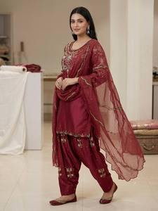 <b>Women's</b> <b>3</b> <b>Piece</b> Embroidered Satin Woven Sequined <b>Suit</b> Set Maroon O-Neck Full Sleeve Regular Fit Knee Length Elegant Style - Product Image 4