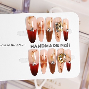 <span class=keywords><strong>Uñas</strong></span> Postizas Hechas a Mano, Forma Almendrada, Color Marrón Medio Degradado a Nude con Pedrería, <span class=keywords><strong>Uñas</strong></span> Acrílicas Reutilizables para Uso Diario y Fiestas - Product Image 4