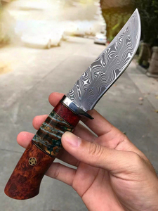 Cuchillo Bowie NEWOOTZ, hecho a mano, de madera estabilizada de mamut, con hoja fija de acero de Damasco, funda OEM, para supervivencia al aire libre y caza - Product Image 3