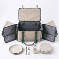 Sac de pique-nique avec panneaux latéraux pliables, fermeture éclair supérieure et poignées de transport pour organiser les essentiels de repas lors des excursions en camping