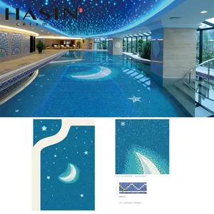 哈辛混装蓝色佛山低价游泳池配件手工设计防滑表面玻璃砖
