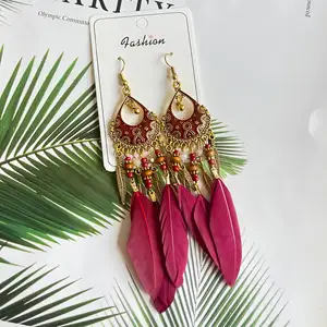 Drop hanging gold beads leaf earrings Retro long ethnic style