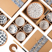 Ensemble de bols en céramique de style japonais, couleur sous-glaçure, peints à la main, vaisselle compatible micro-ondes, cadeau d'affaires, design minimaliste, fleurs