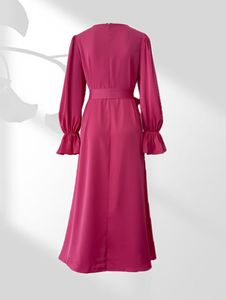 Hot Pink Flare Sleeve Abaya Belted A-Line Modest Maxi Dress 100% Polyester High Waist Elegant <b>Islamic</b> <b>Clothing</b> for Wedding - Product Image 4