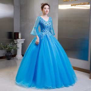 Blue Ethereal Long Evening Gown For Hostess Stage Performance Women Adult Tutu Skirt Polyester Fabric Lake Blue - Product Image 4