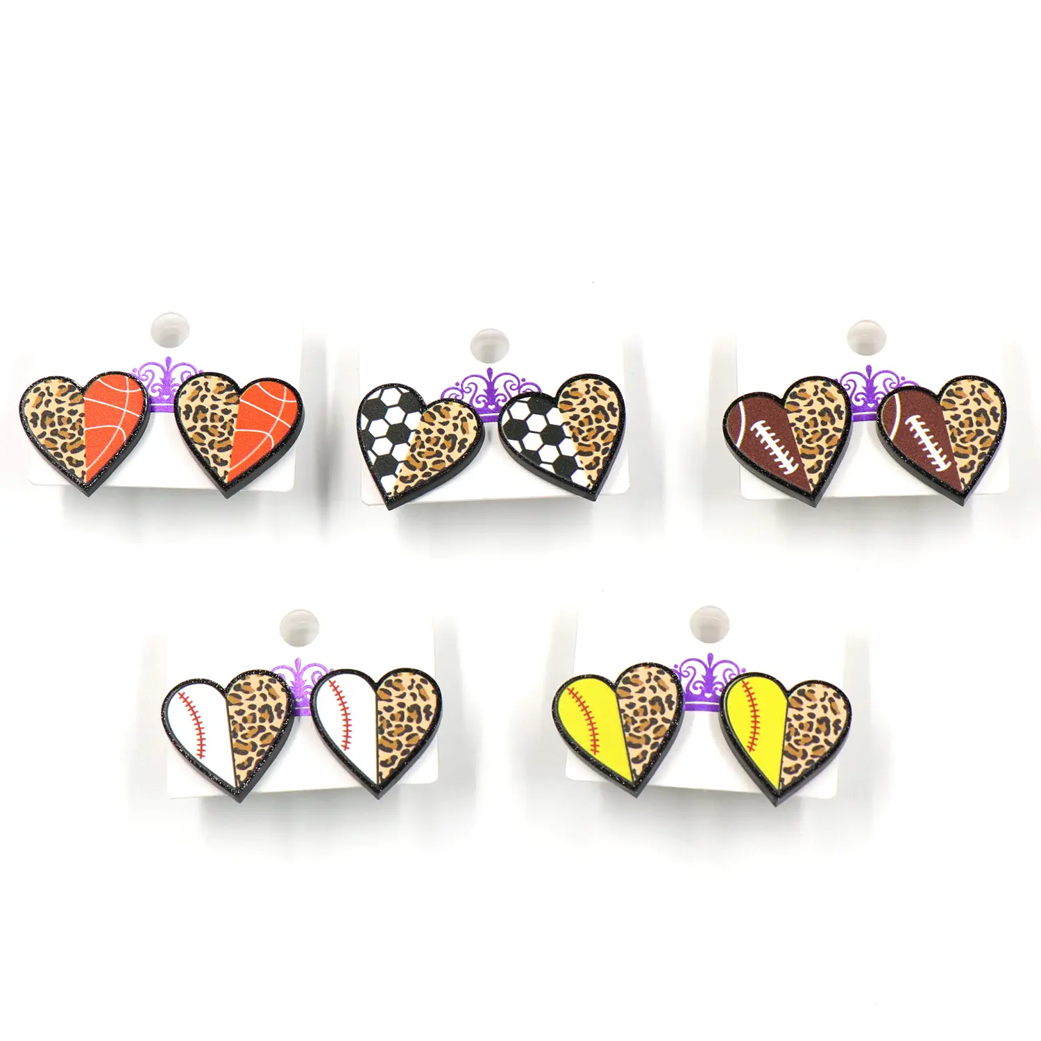 Sporty Earrings Acrylic Earrings Statement Baseball Softball Leopard Print Pattern Heart Shaped Acrylic Stud Earrings