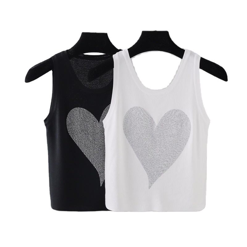 2023 Heart-shaped Hot Drill White Black Knitted Suspender Vest Female  Spring Summer Sleeveless Inner Trendy Knitting Top Vest