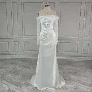صور حقيقية 100% فستان زفاف بسيط بأكمام طويلة وبطيات من الدانتيل على الطراز الكوري فستان عروس أنيق للنساء يصنع خصيصًا