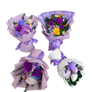 Bouquet di Rose Eterne <span class=keywords><strong>Viola</strong></span> con Orsacchiotto, Fiori Veri Essiccati per Decorazioni Casa, Regalo di San Valentino e Compleanno - Product Image 1