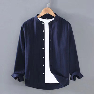 Camicia di <span class=keywords><strong>lino</strong></span> con bottone collo alto manica lunga Henley bianco nero morbido comodo autunno tinta unita maglietta da <span class=keywords><strong>uomo</strong></span> per gli uomini - Product Image 5