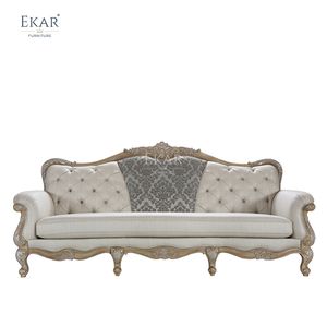 Sofá de Madera Tallada a Mano EKAR Savoy Estate con Panel Central de Damasco Acolchado - Product Image 1