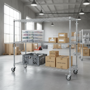 倉庫ラック整理用の車輪付き工業用3段調節可能耐久性クロムメッキワイヤーシェルフ - Product Image 3