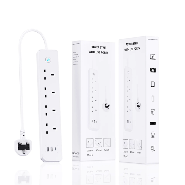 2024 New Power Strip UK Britain Socket USB Surge Protector Power Strip With 4 Multi UK Outlets and 2 USB and 1 Type C Charging