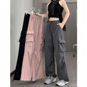 New <strong>Women</strong> <strong>Sport</strong> Pants High Waist Pockets Drawstring Loose <strong>Trousers</strong> Lady Solid Smooth Ice Silk Pants - Product Image 1
