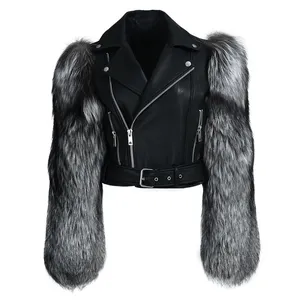 Winter Warm Crop Style Leather Jacket Popular Real Leather Coat with Fox Fur Sleeve