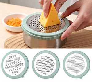 <span class=keywords><strong>Râpe</strong></span> à <span class=keywords><strong>fromage</strong></span> multifonction 4-en-1 en acier inoxydable pour légumes et fruits avec récipient et couvercle, et ensemble éplucheur – Accessoires de cuisine - Product Image 4